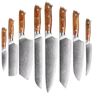 1-8Pcs Damascus Steel Kitchen Knife Set Japanese Blade Sharp Kitchen Chef’s Knife Yellow Sandalwood Handle
