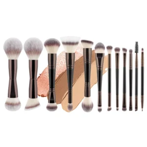 10/12 Double Headed Flat Foundation Contour Makeup Brush Set Wood Handle Multi Functional Soft Wool for Face