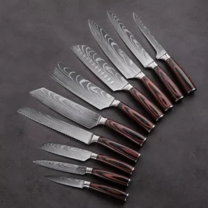10 Pcs Damascus Pattern 4cr13 Stainless Steel Pakkawood Handle Chef Knife Bread Slicing Kitchen Knives Set