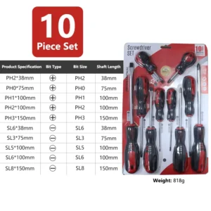 10 Piece Set Multi Purpose Screwdriver Kit Slotted & Phillips Bits Comfort Grip for Electronics & DIY