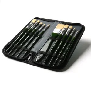 10pcs Bristle Hair Silver Aluminum Ferrule Green Wood Handle Artist Painting Brush with Free Canvas Bag for Oil Paint