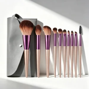 10pcs High Grade Purple Makeup Brush Set Wooden Handle With Grey Storage Pouch Two tone Makeup Brushes Kit