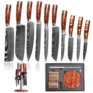 10pcs Kitchen Knives Set Japanese Stainless Steel Damascus Laser Blade Slicing Amber Handle Knives with Wood Block