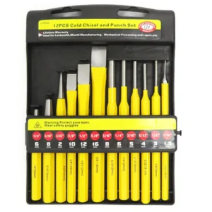 12PCS DIY Industrial Grade Cold Chisel Center Punch Set with Straight Tips Steel Handles Plastic Holder for Auto Repair Mechanic