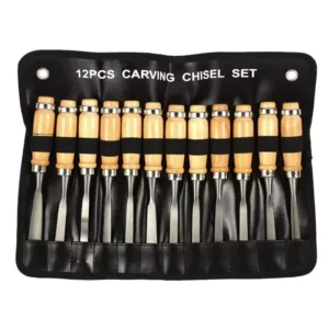 12pcs Chrome Vanadium Steel Wooden Handle Impact Anti Knock Shank Anti Hammer End Wood Carving Chisel Set