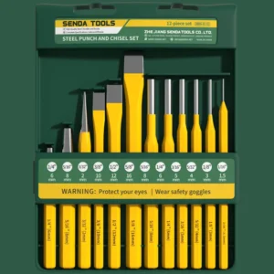 12pcs Industrial Grade Solid Pin Punch Kit with Steel Handle Straight Tip Cold Chisel Center Punch Set Includes Plastic Holder