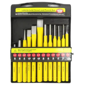 12pcs Industrial Grade Solid Pin Punch Kit with Steel Handle Straight Tip Cold Chisel Center Punch Set Includes Plastic Holder
