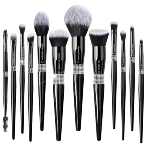 12pcs Nano Hair Black Handle with Rhinestone Inlay Powder Makeup Brushes Premium Quality Custom Logo