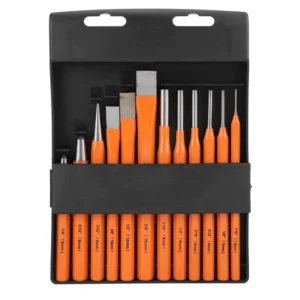 12pcs Professional Chrome Vanadium Combination Pin Center Cone Cylinder Punch Flat Chisel Set in Plastic Box