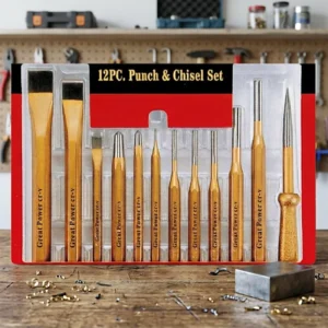 12pcs Punch & Chisel Set Wood Handle Straight Tip Industrial DIY Grade Punch Craft Tools