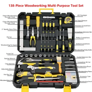 138 Piece Professional Woodworking Tool Set Hard Case Complete Hand Tool Kit Hex Wrench for Carpentry Home Repair DIY Projects