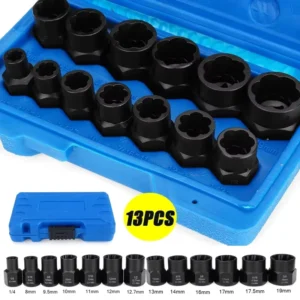 13Pcs Impact Damaged Bolt Nut Remover Extractor Socket Tool Set Nut Removal Wrench Made in Mainland China No Warranty