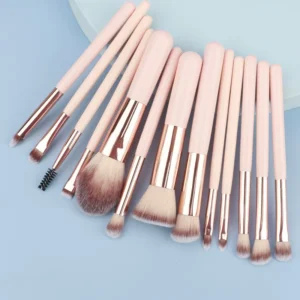 14 Piece Premium Custom Logo Pink Wood Handle Nylon Bristles Professional Makeup Brush Set Flat Brushes for Face