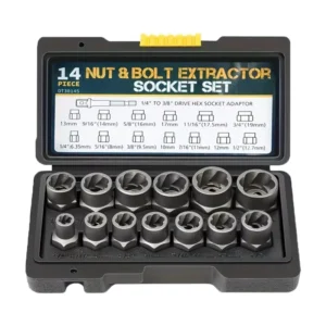 14Pcs Damaged Bolt and Nut Remover Set Carbon Steel Hand Operated Industrial Use Nut Remover Socket Tool with Hard Case
