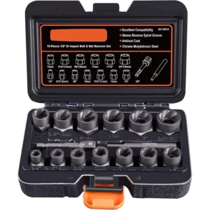 15 Pieces Damaged Screw Extractor Set 3/8″ Drive Impact Bolt and Nut Remover Socket Tool Kit