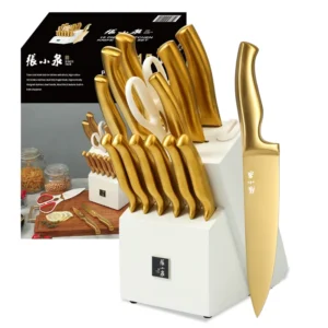 15 Pieces Sharp Durable Golden Rust Resistance Blade Kitchen Knife Set with Self Sharpener Wooden Block