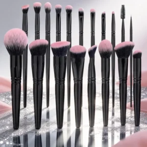 18pcs Luxury Black Handle Makeup Brush Set Pink Black Gradient Soft Synthetic Fiber Full Face Cosmetic Brushes