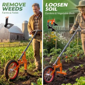 2 in 1 Heavy Duty Steel Manual Wheel Hoe with Adjustable Long Handle for Soil Loosening and Weeding Cultivating and Garden Tilling