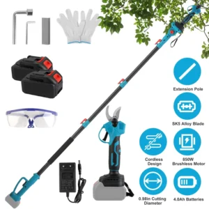 2-in-1 Lithium Battery Pole Pruner Cordless Pruner Pruning Shear 850W Brushless Motor 200min Run Time 4.5-6.3ft Extension