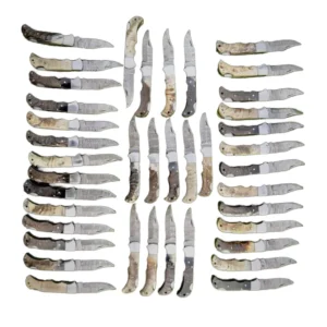20 Pcs Lot OEM Customizable Industrial Grade High Trending Folding Damascus Steel Knife Leather Sheath Damascus Steel Handle