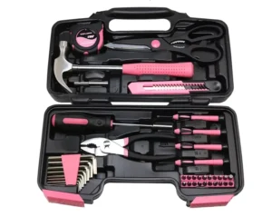 39 Piece General Repair Hand Tool Set with Tool Box Storage Case Pink Ribbon Outdoor Emergency Roadside Car Repair Tool Kit