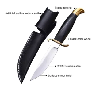3cr13 Steel Drop Point Blade Outdoor Survival EDC Tactical Knife Brass Black Color Wood Handle with Leather Sheath for Camping