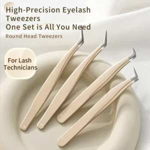 4 Piece Stainless Steel Eyelash Tweezer Set with Straight and Curved Tips Durable and Comfortable Handle for Eyelash Extensions