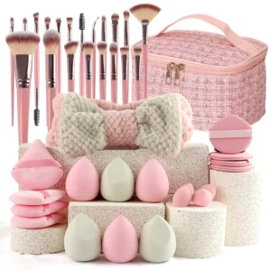 40 Piece Beauty Tool Set Nylon Makeup Brush Puff Combo Plastic Handle Travel Makeup Bag Pre Post Makeup Full Set