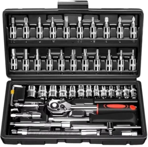 46 Piece 1/4 Inch Drive Metric Bit Socket Ratchet Wrench Set Auto Repair Garden Use Hand Tools Case Pack with Metals