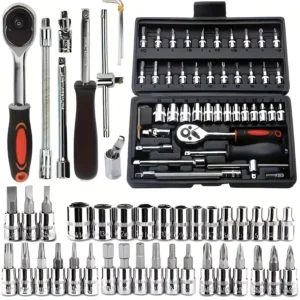 46 Piece 1/4 Inch Drive Metric Socket Set with Ratchet Wrench Bits Extensions & Hex Keys for Motorcycle Mechanic Tool Kit