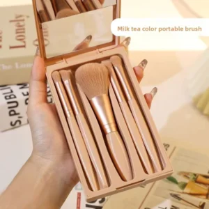 5 Piece Flat Nylon Mirror Box Makeup Brush Set with Plastic Handles for Face Loose Powder Eye Shadow Blush Portable Travel Size