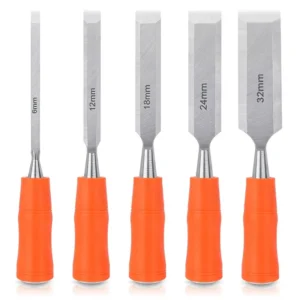 5 Piece Wood Chisel Set with Bevel Tip Ergonomic Plastic Handle Metric Sizes 6mm 12mm 18mm 24mm 32mm for Woodworking