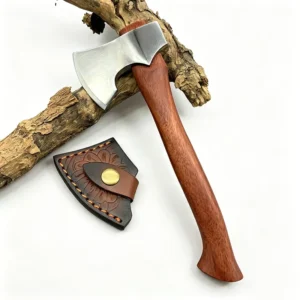 5CR13 Steel Blade Outdoor Survival Hatchet Rosewood Handle Camping Axe with Handmade Leather Sheath