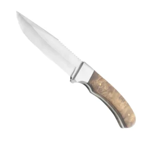5Cr Steel Full Tang Camping Bushcraft Hunting Knife Half Serrated Fixed Blade Outdoor Knife with Ergonomic Burl Wood Handle