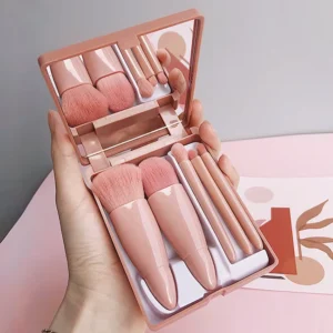 5Pcs Custom Pink Mini Travel Beauty Brush Set Cosmetic Tools Portable Makeup Brush Kit With Mirror