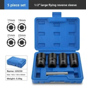 5Pcs Lug Nut Remover Socket Set 1/2″ Drive Stripped Wheel Nut Extractor Puller Socket Kit CR MO Steel Auto Tire Repair Tools