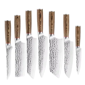 7 Piece Stainless Steel Wood Handle Ambidextrous Hand Forged Professional Chef’s Knife Set with Gift Box