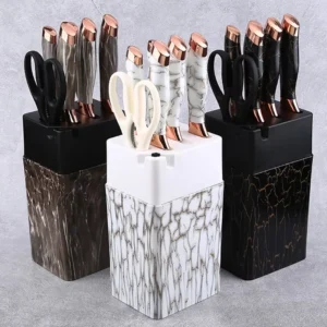 7pcs New Style Kitchen Knives Set Black and White Stainless Steel with Marble Handle Includes Knife Set Holder Box
