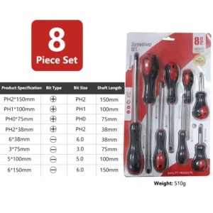 8 Piece Set Screwdriver Set with Magnetic Tips Non slip Handle CR V Steel for Home & Repair Use