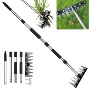 8 Tooth 4Section Steel Handle Garden Rake and Hoe Telescopic and Sturdy
