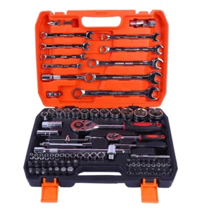 82 Pieces Household Car Repair Box Hand Tool Kit 1/4″ & 1/2″ Dr Socket and Spanner Wrench Set