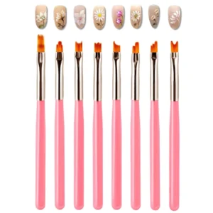 8Pcs Pink Synthetic Hair Plastic Handle Nail Art Flat Brush Set with Concealer for Salon & Home DIY