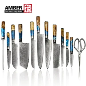 8pcs 67Layers VG10 Damascus Steel Knife Set Japanese Chef Kitchen Knives Set with Blue Resin Wooden Handle