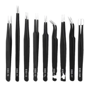 9PCS Black ESD Stainless Steel Tweezers Kit Precision Anti static Maintenance Tools for Electronics Jewelry Phone Repairing
