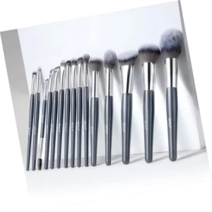 BEILI 15pcs Private Label Vegan Synthetic Hair Luxury Grey Makeup Brushes Kit Powder Contour Concealer Foundation Brush Set