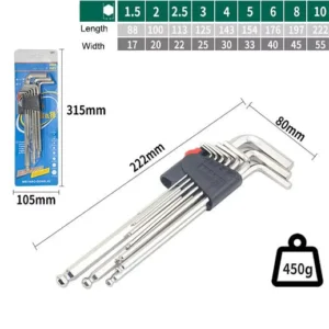 Ball Point End Long Arm Combination Wrench Hex Key 9pcs Allen Hex Key Tools Set L Type Hexagon Spanner for Mechanical Repair