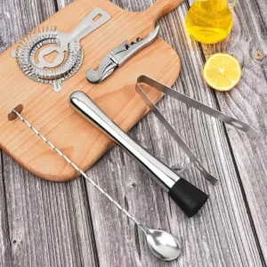 Bar Tools Metal Wine Ice Filter Bartender Corkscrew 5 PCS Stainless Steel Strainer Kit with Opener Ice Tong Bar Spoon