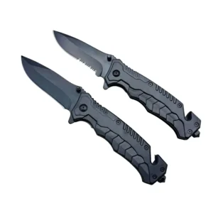 Black Stainless Steel Folding Camping Knife with Serrated Edge and Drop Point for Outdoor Survival EDC
