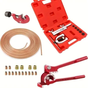 Brake Repairing Kits Includes Flaring Tool Set 3 1/1 Tubing Bender 3/16″x25ft Brake Line 16 Fittings Tube Cutter 45# Steel