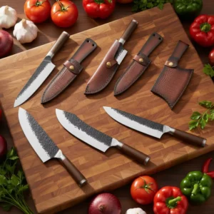 Carbon Steel Meat Big Knife Dual-purpose Chopping Slicing Japanese-style Kitchen Chef Butcher Knife Set with Leather Sheath